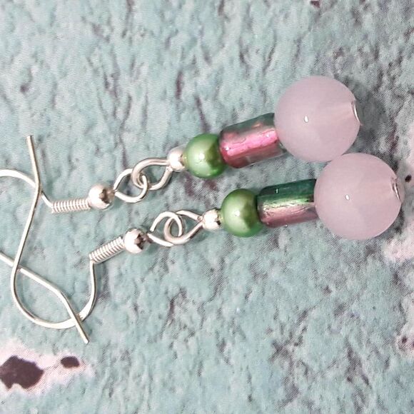 Boho Earrings 403# Petite Pink boho hippie dangle earrings OOAK silver earrings - Picture 2 of 5